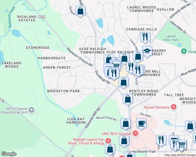 map of restaurants, bars, coffee shops, grocery stores, and more near 3225 Mill Run in Raleigh