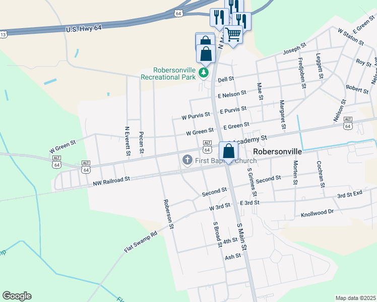map of restaurants, bars, coffee shops, grocery stores, and more near 105 North Broad Street in Robersonville
