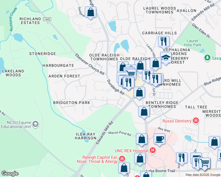 map of restaurants, bars, coffee shops, grocery stores, and more near 3225 Mill Run in Raleigh