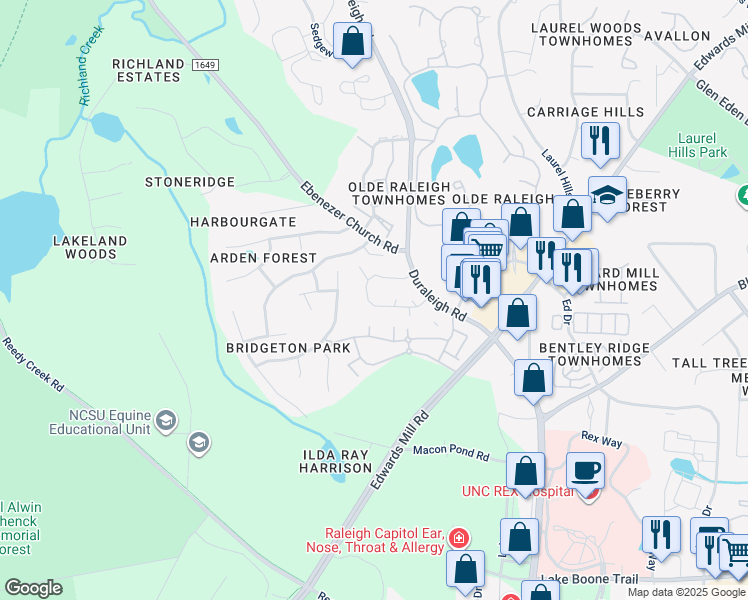 map of restaurants, bars, coffee shops, grocery stores, and more near 3429 Mill Run in Raleigh
