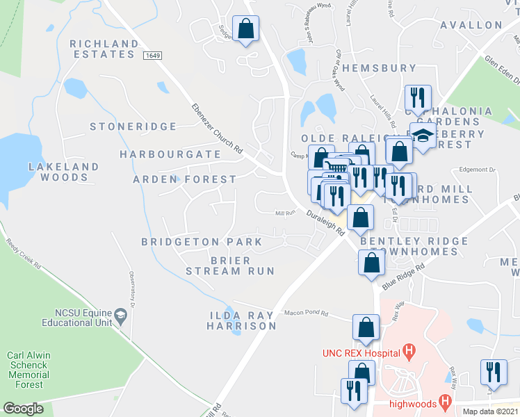 map of restaurants, bars, coffee shops, grocery stores, and more near 3420 Cotton Mill Drive in Raleigh