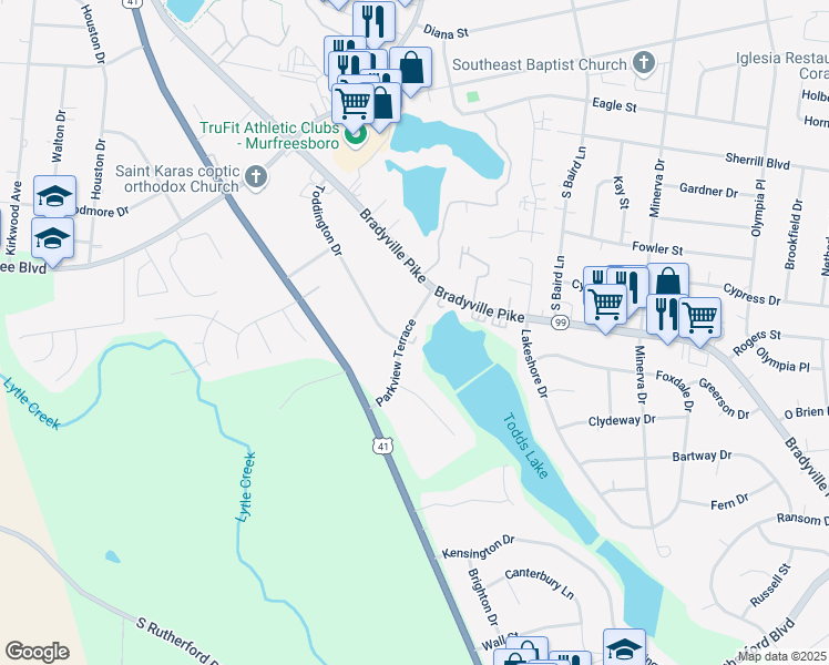 map of restaurants, bars, coffee shops, grocery stores, and more near 1306 Parkview Terrace in Murfreesboro