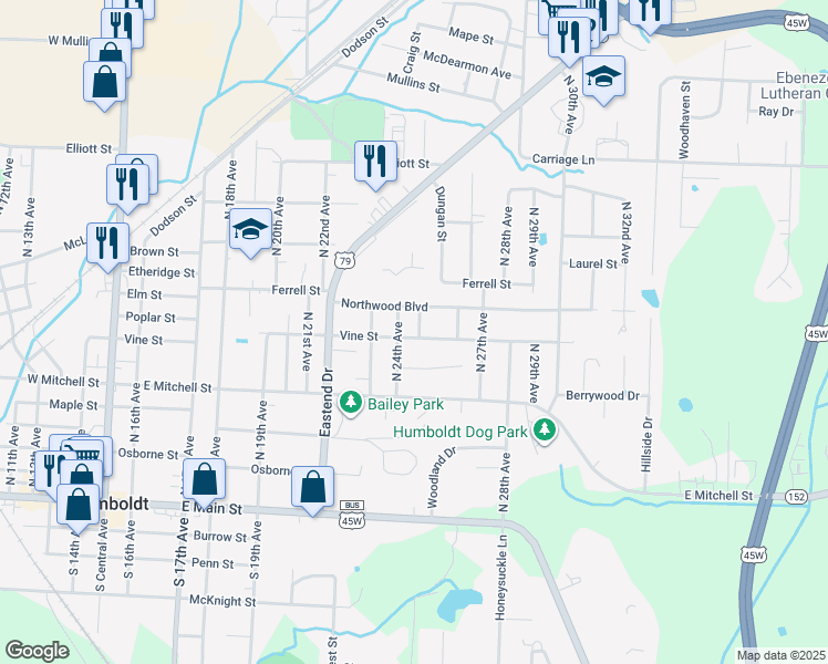 map of restaurants, bars, coffee shops, grocery stores, and more near 2503 Saint Mary Drive in Humboldt