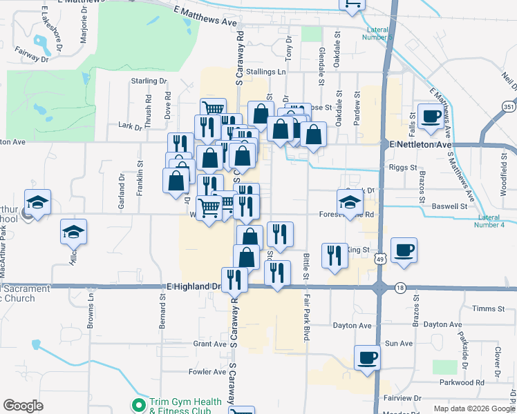 map of restaurants, bars, coffee shops, grocery stores, and more near 2417 Forest Home Road in Jonesboro