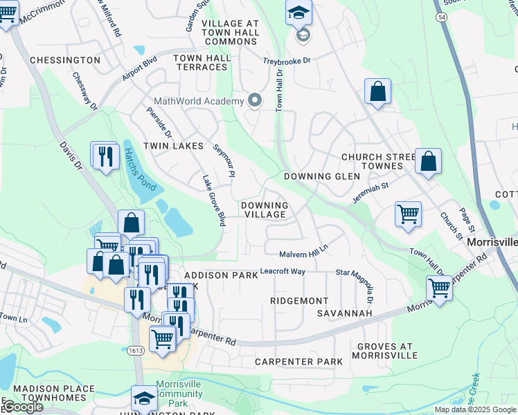 map of restaurants, bars, coffee shops, grocery stores, and more near 609 Beech Hanger Drive in Morrisville