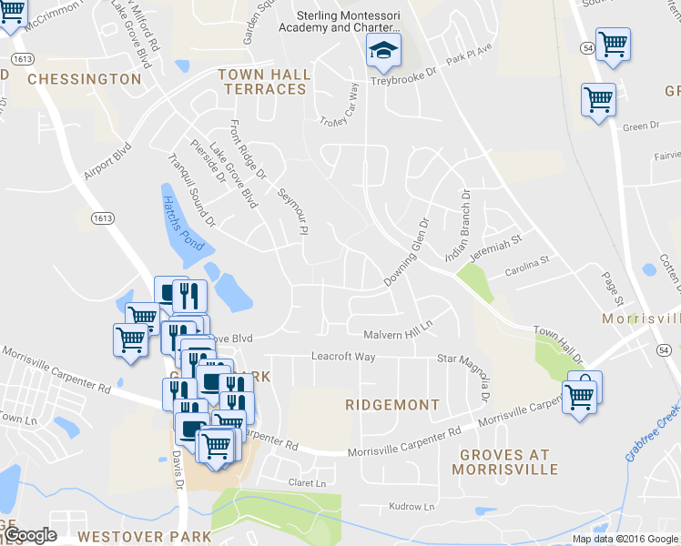 map of restaurants, bars, coffee shops, grocery stores, and more near 609 Beech Hanger Drive in Morrisville