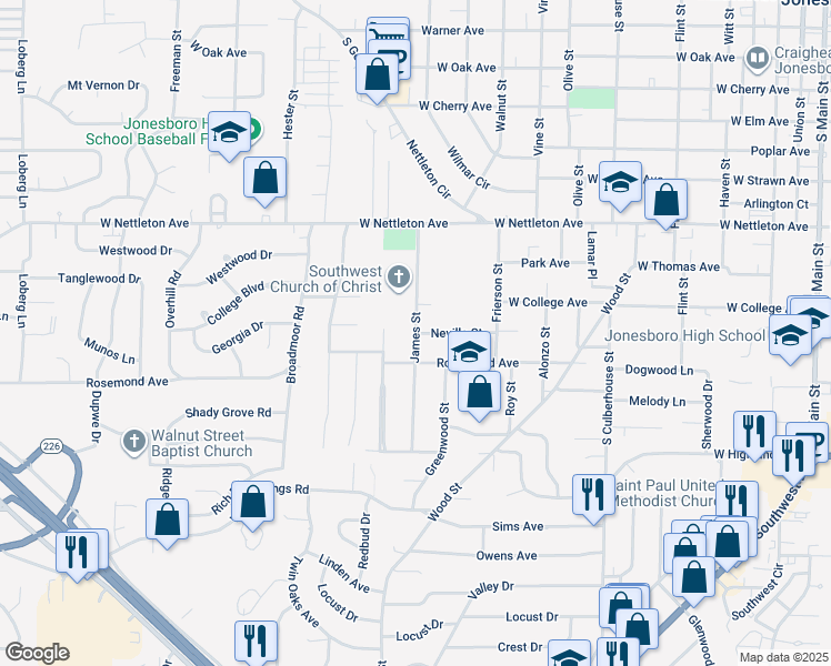 map of restaurants, bars, coffee shops, grocery stores, and more near 1699 James Street in Jonesboro