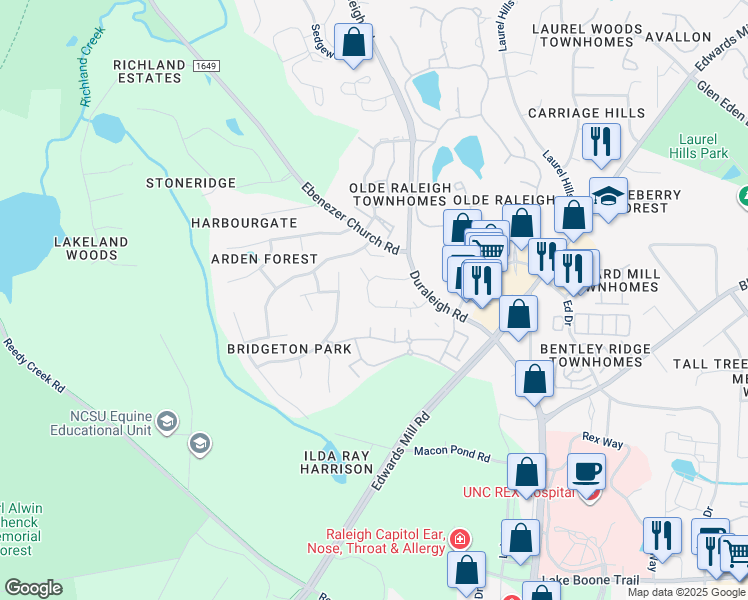map of restaurants, bars, coffee shops, grocery stores, and more near 3443 Mill Run in Raleigh