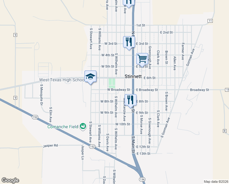 map of restaurants, bars, coffee shops, grocery stores, and more near 700-798 Wilhelm Avenue in Stinnett