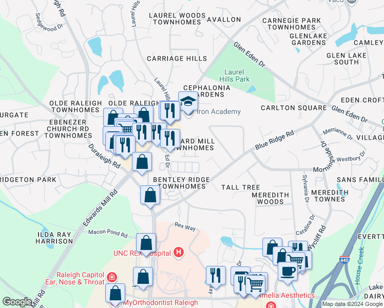 map of restaurants, bars, coffee shops, grocery stores, and more near 3127 Hudson Hill Lane in Raleigh