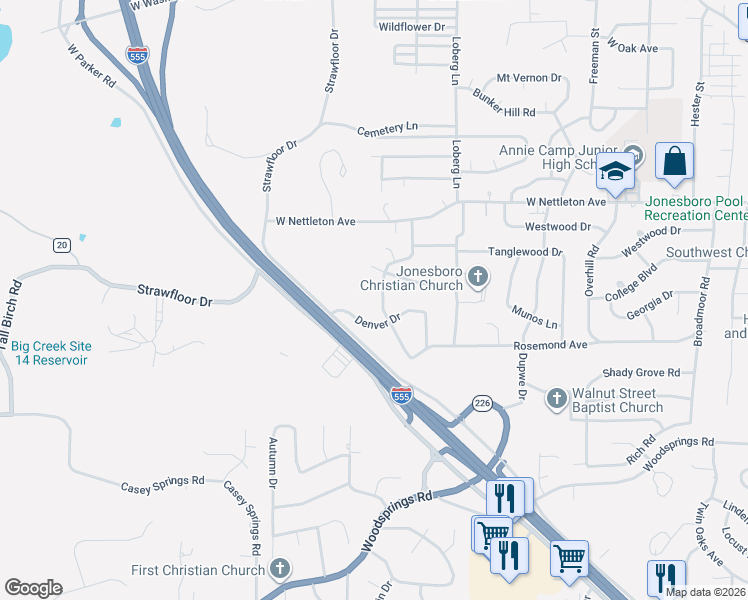 map of restaurants, bars, coffee shops, grocery stores, and more near 1607 Smoot Drive in Jonesboro