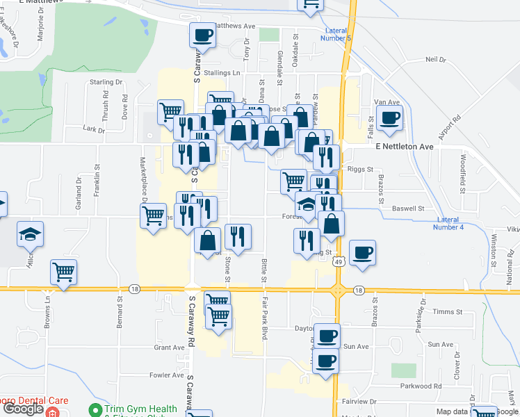 map of restaurants, bars, coffee shops, grocery stores, and more near 2512 Forest Home Road in Jonesboro