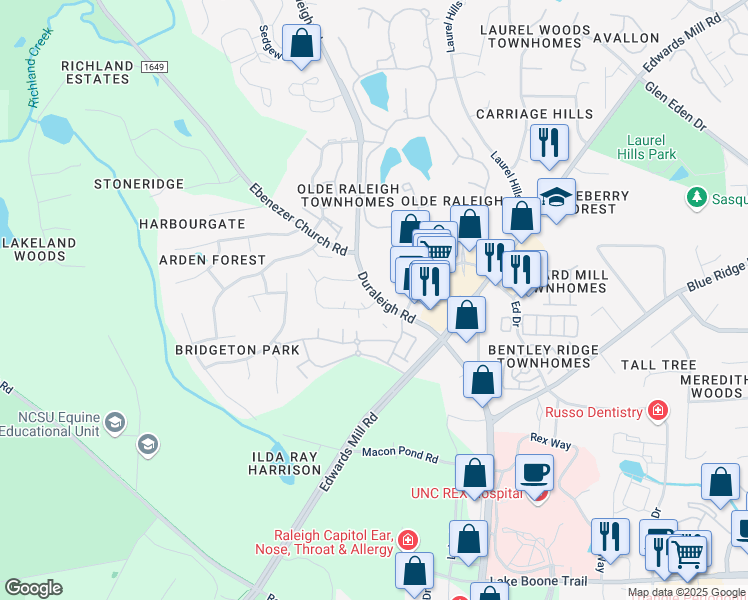 map of restaurants, bars, coffee shops, grocery stores, and more near 3109 Charles B Root Wynd in Raleigh