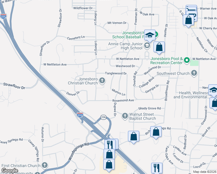 map of restaurants, bars, coffee shops, grocery stores, and more near 1606 Briarwood Drive in Jonesboro