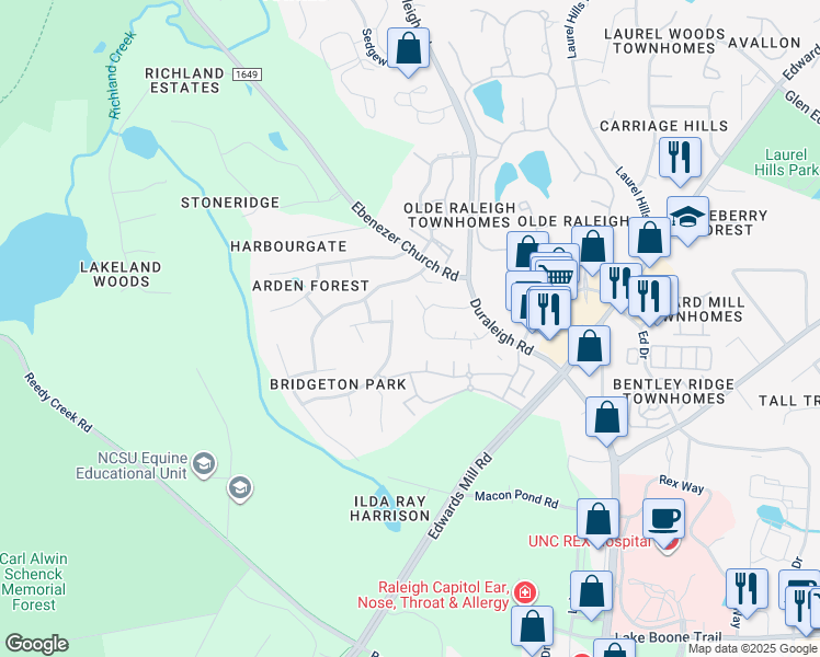 map of restaurants, bars, coffee shops, grocery stores, and more near 3403 Mill Run in Raleigh