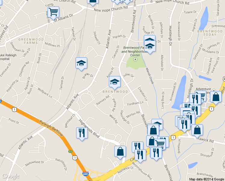 map of restaurants, bars, coffee shops, grocery stores, and more near 2705 Ramsey Road in Raleigh