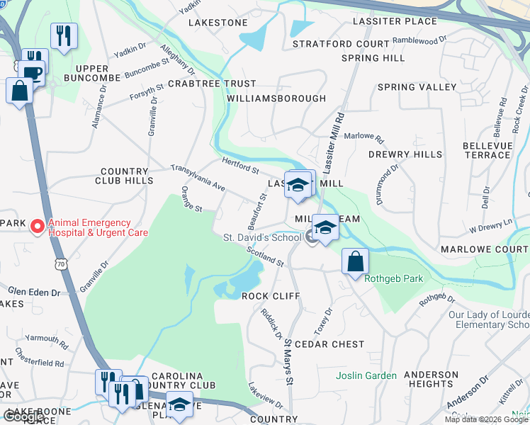 map of restaurants, bars, coffee shops, grocery stores, and more near 3204 Beaufort Street in Raleigh