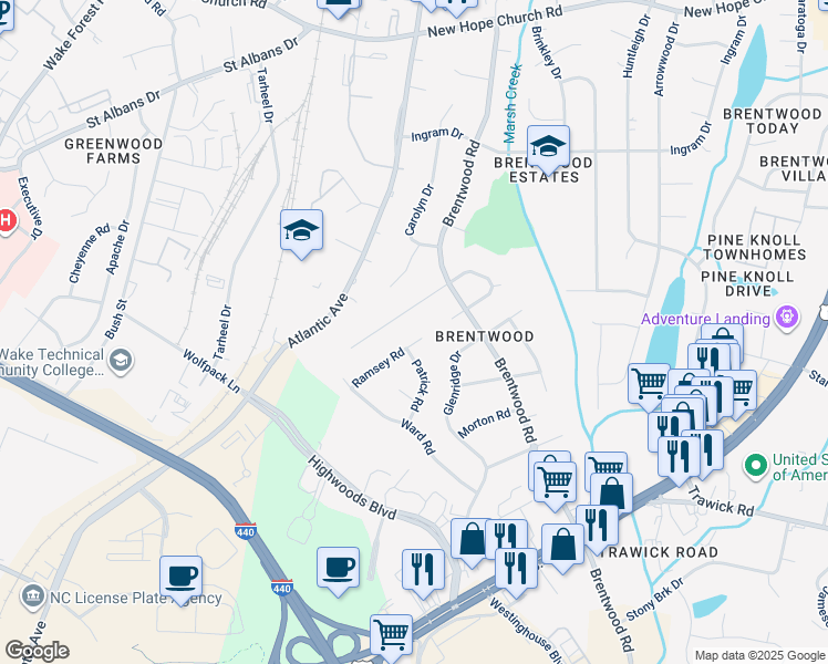 map of restaurants, bars, coffee shops, grocery stores, and more near 2705 Ramsey Road in Raleigh