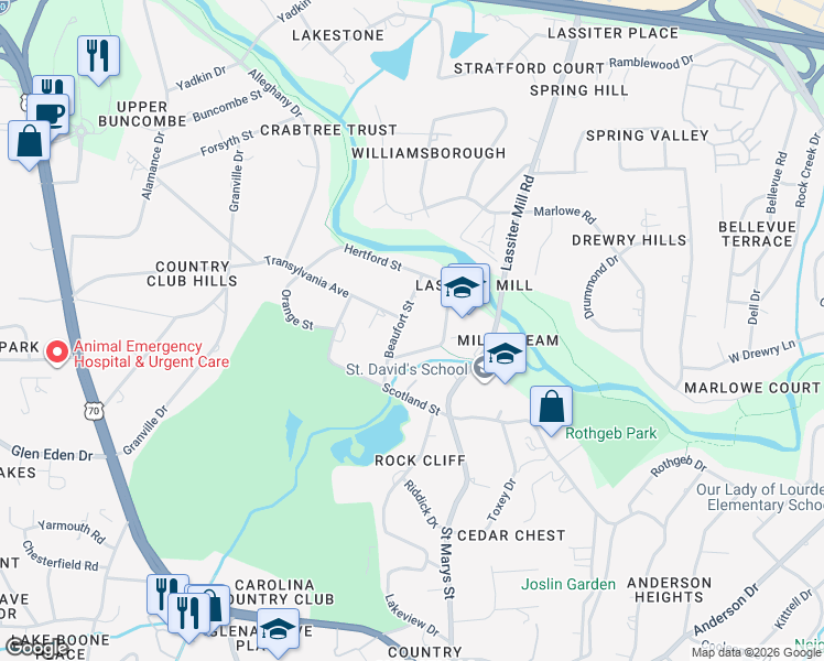map of restaurants, bars, coffee shops, grocery stores, and more near 3204 Beaufort Street in Raleigh