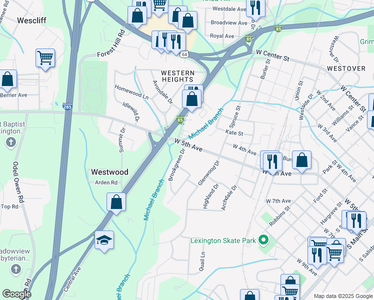 map of restaurants, bars, coffee shops, grocery stores, and more near 510 National Boulevard in Lexington