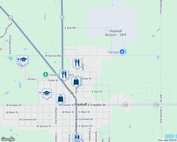 map of restaurants, bars, coffee shops, grocery stores, and more near 723 Creek in Haskell