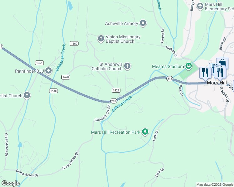 map of restaurants, bars, coffee shops, grocery stores, and more near 47 State Road 1428 in Mars Hill