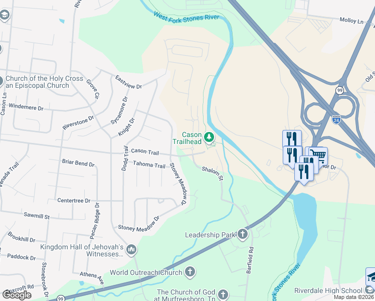 map of restaurants, bars, coffee shops, grocery stores, and more near 1937 Stoney Meadow Drive in Murfreesboro