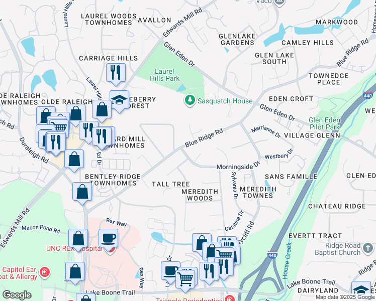 map of restaurants, bars, coffee shops, grocery stores, and more near 3612 Morningside Drive in Raleigh
