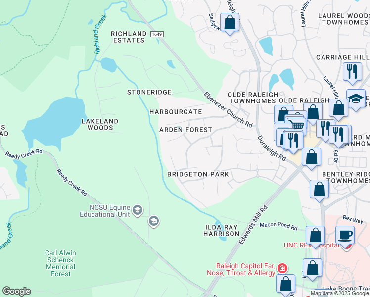 map of restaurants, bars, coffee shops, grocery stores, and more near 3704 Bridgeton Park Drive in Raleigh