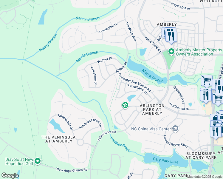 map of restaurants, bars, coffee shops, grocery stores, and more near 102 Brookesby Court in Cary