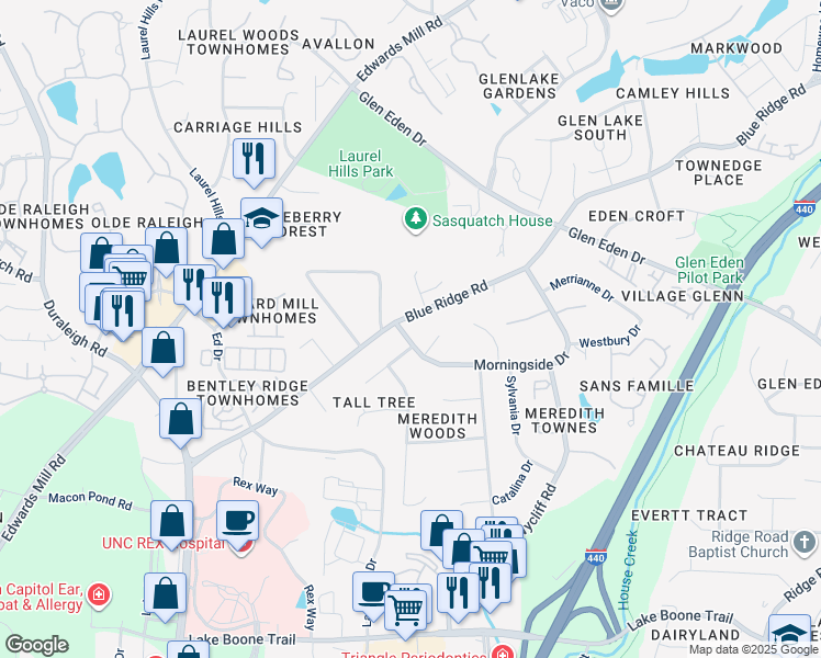 map of restaurants, bars, coffee shops, grocery stores, and more near 3612 Morningside Drive in Raleigh