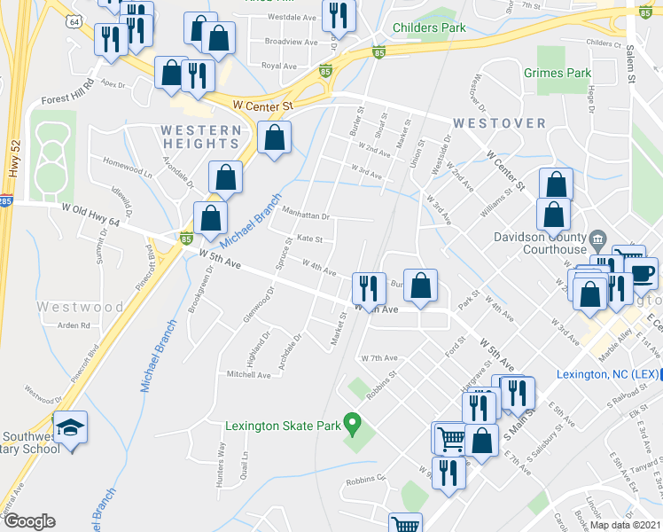 map of restaurants, bars, coffee shops, grocery stores, and more near 720 West 4th Avenue in Lexington