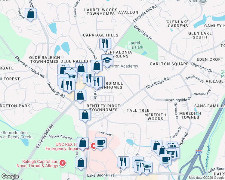 map of restaurants, bars, coffee shops, grocery stores, and more near 3513 Edgemont Drive in Raleigh