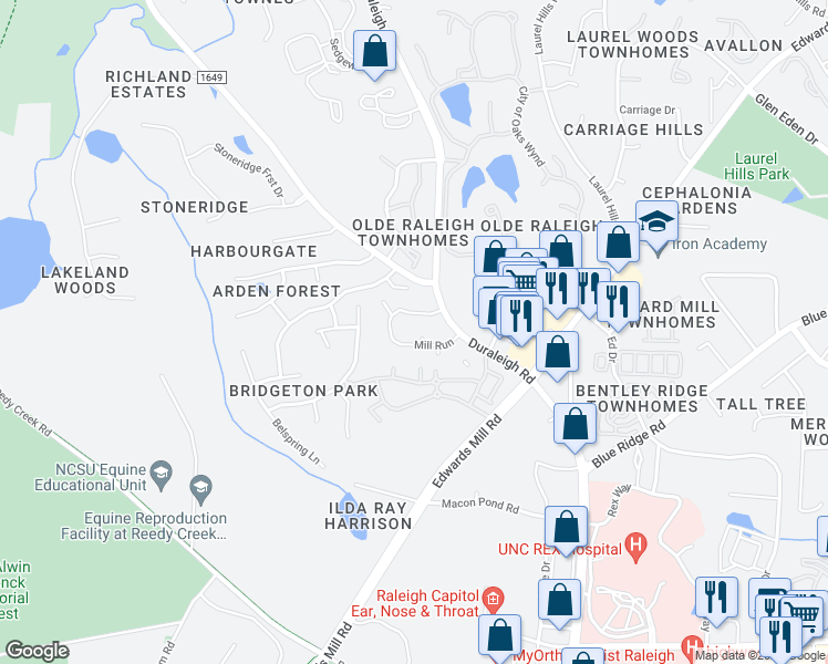map of restaurants, bars, coffee shops, grocery stores, and more near 3201 Edwards Mill Road in Raleigh
