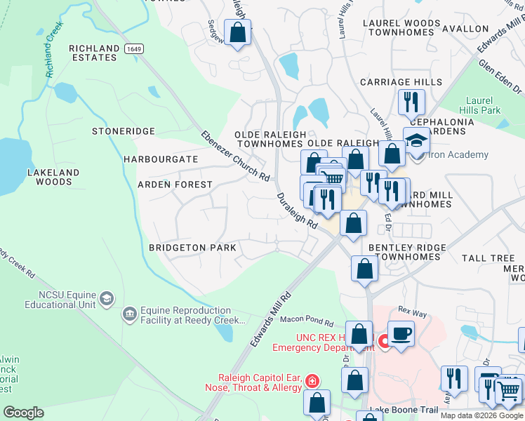map of restaurants, bars, coffee shops, grocery stores, and more near 3618 Mill Run in Raleigh