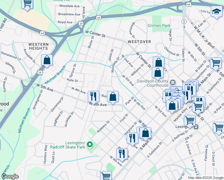 map of restaurants, bars, coffee shops, grocery stores, and more near 411 Westside Drive in Lexington