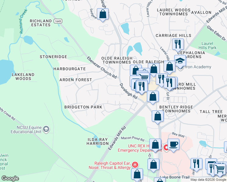 map of restaurants, bars, coffee shops, grocery stores, and more near 3618 Mill Run in Raleigh