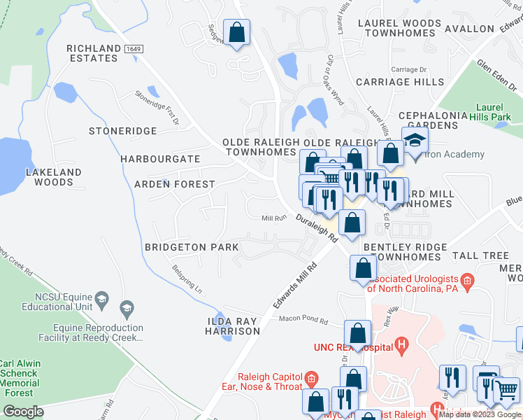map of restaurants, bars, coffee shops, grocery stores, and more near 3201 Mill Run in Raleigh