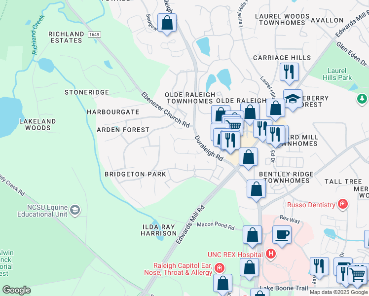 map of restaurants, bars, coffee shops, grocery stores, and more near 3618 Mill Run in Raleigh