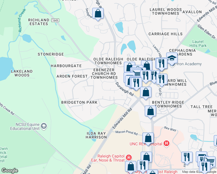 map of restaurants, bars, coffee shops, grocery stores, and more near 3239 Mill Run in Raleigh