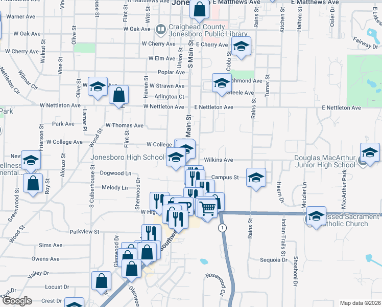 map of restaurants, bars, coffee shops, grocery stores, and more near 1604 South Main Street in Jonesboro