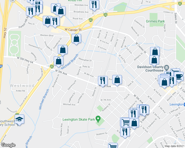 map of restaurants, bars, coffee shops, grocery stores, and more near 720 West 4th Avenue in Lexington