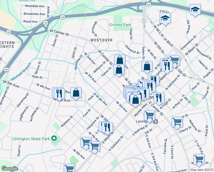 map of restaurants, bars, coffee shops, grocery stores, and more near 301 West 2nd Avenue in Lexington
