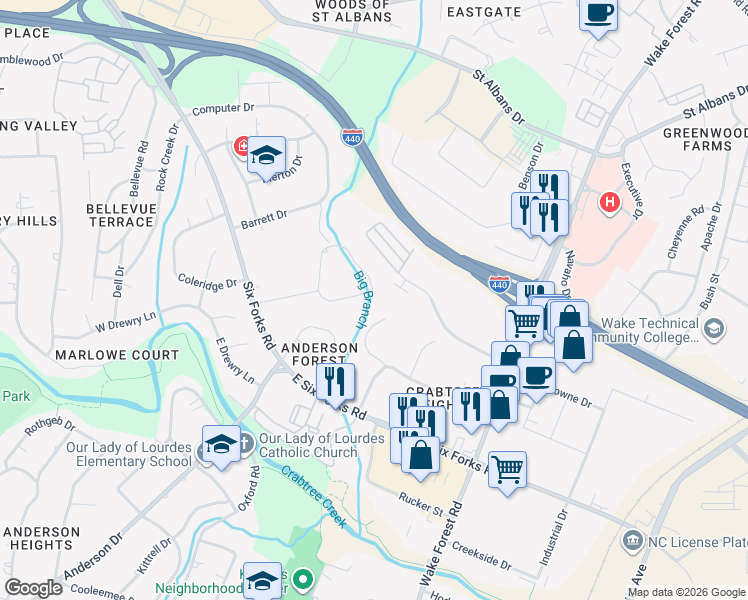 map of restaurants, bars, coffee shops, grocery stores, and more near 3348 Cheswick Drive in Raleigh
