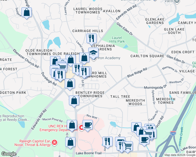 map of restaurants, bars, coffee shops, grocery stores, and more near 3513 Edgemont Drive in Raleigh