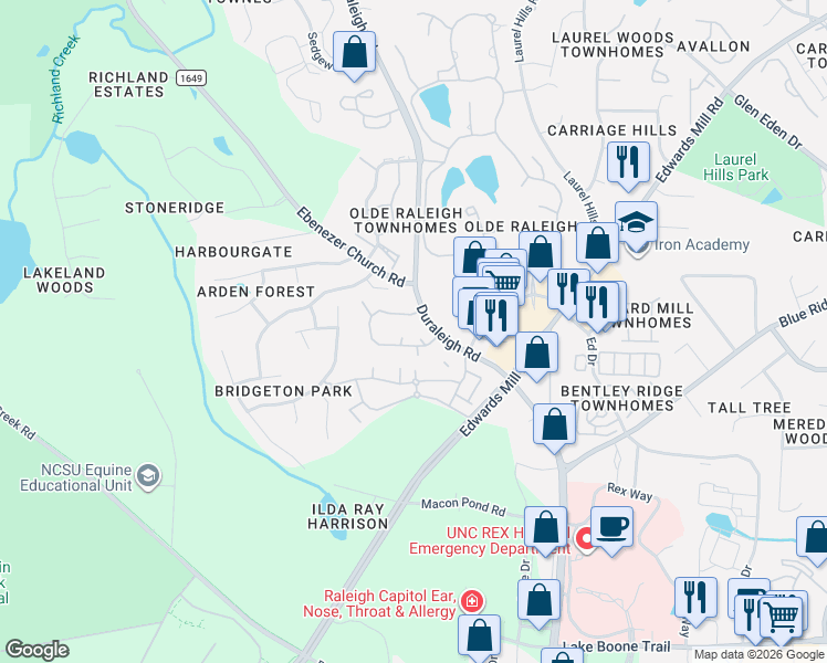 map of restaurants, bars, coffee shops, grocery stores, and more near 3618 Mill Run in Raleigh
