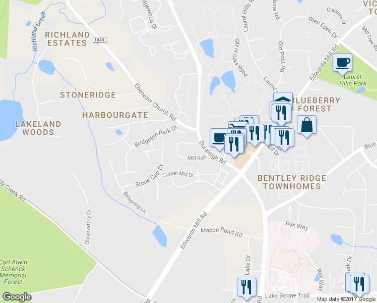 map of restaurants, bars, coffee shops, grocery stores, and more near 3618 Mill Run in Raleigh