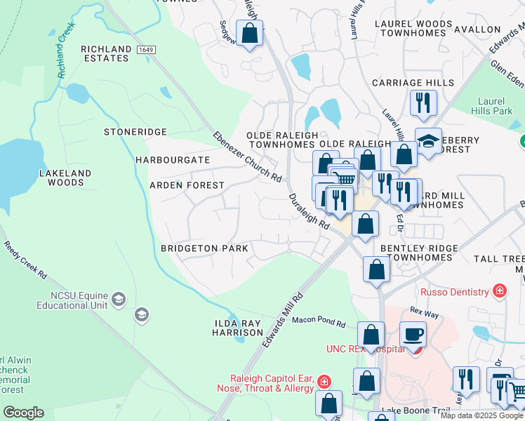 map of restaurants, bars, coffee shops, grocery stores, and more near 3449 Mill Run in Raleigh