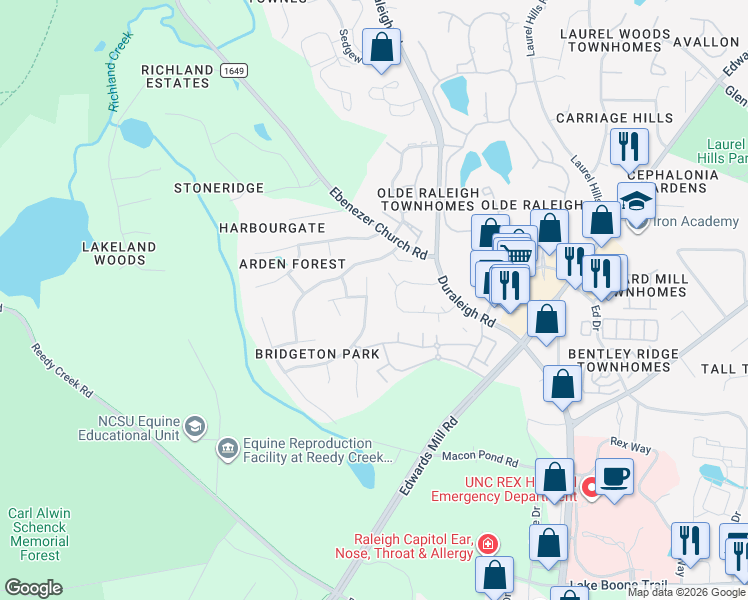 map of restaurants, bars, coffee shops, grocery stores, and more near 3109 Stone Gap Court in Raleigh