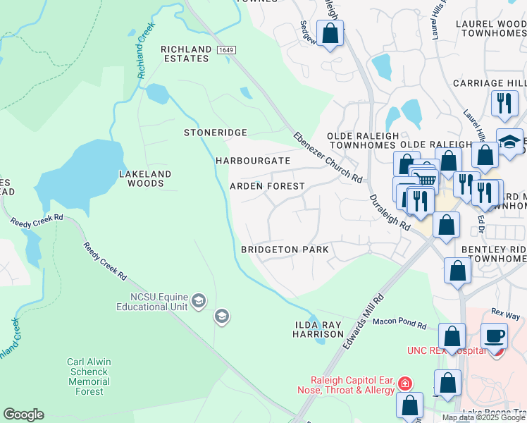 map of restaurants, bars, coffee shops, grocery stores, and more near 3704 Bridgeton Park Drive in Raleigh